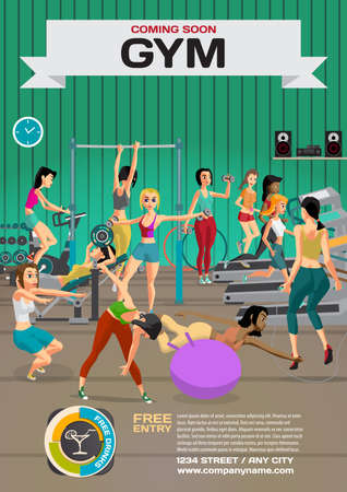 Template for a poster on the gym. Reception and  gymnasium. Womaのイラスト素材