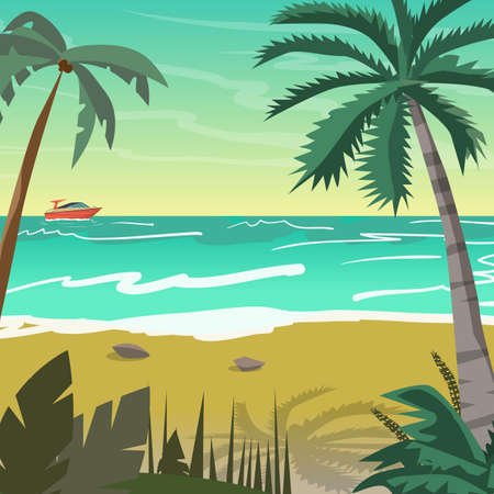 Sea landscape summer beach with palms, boat, horizon at sunset. Vector flat illustrationのイラスト素材
