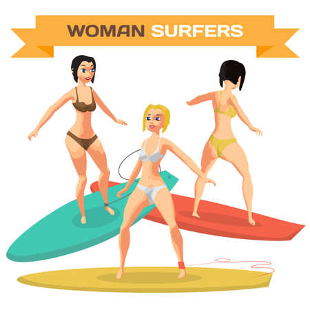 Set of young women in bikini surfing. Girls surfers. Vector flat cartoon illustration isolated on a white backgroundのイラスト素材