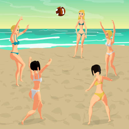Women in bikini play beach volleyball standing in a circle. Flat cartoon vector illustrationのイラスト素材
