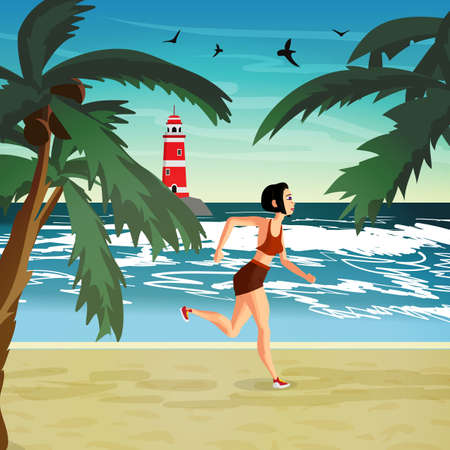 Young woman is engaged in the beach sports. The girl is running along the seashore. Vector flat cartoon illustrationのイラスト素材