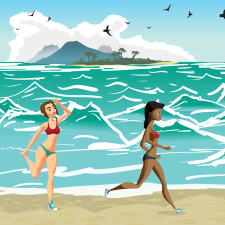 Young women is engaged in the beach sports. Girls is running along the seashore. Vector flat cartoon illustrationのイラスト素材