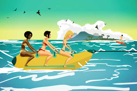 Young women ride a banana. Girls in the summer on the beach. Flat vector illustrationのイラスト素材