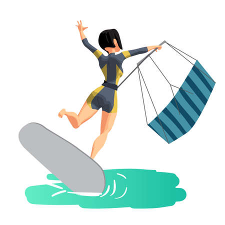 Woman drive at kite surfing. Back view. Girl loses her balance and falls. Vector flat cartoon illustration on a isolated backgroundのイラスト素材