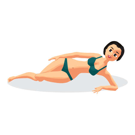 Young woman in bikini sunbathing lying on the beach. Vector flat cartoon illustration isolated on a white backgroundのイラスト素材