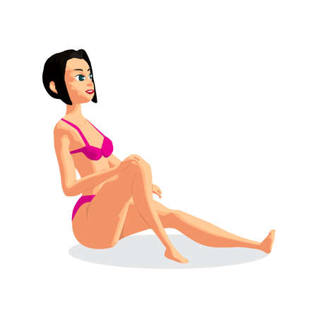 Slender brunette woman dressed in pink swimsuit is sitting. Isolated flat cartoon  illustrationのイラスト素材
