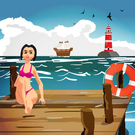 Young woman in a bathing suit is sitting on a wooden pier on the beach. Seascape with a cruise liner and a lighthouse.のイラスト素材