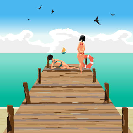 Two young women on a wooden pier on the beach looking at a sail in the distance. Flat cartoon vector illustrationのイラスト素材
