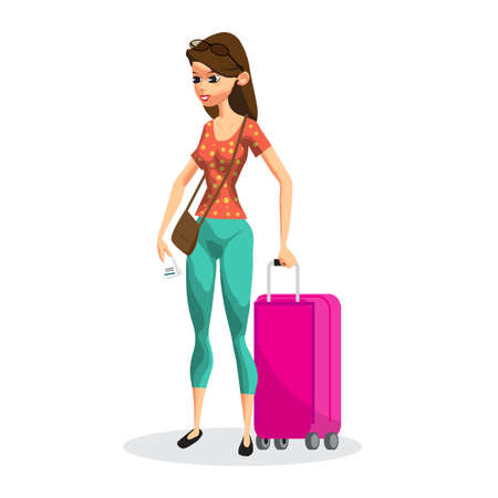 Young woman on vacation with a pink rolling suitcase. Girl tourist in travel. Flat isolated vector illustrationのイラスト素材