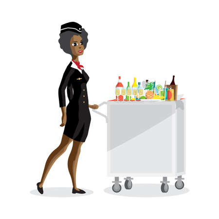 Flight afro attendant serving drinks to passengers on board of the aircraft. Vector flat cartoon illustration isolatedのイラスト素材