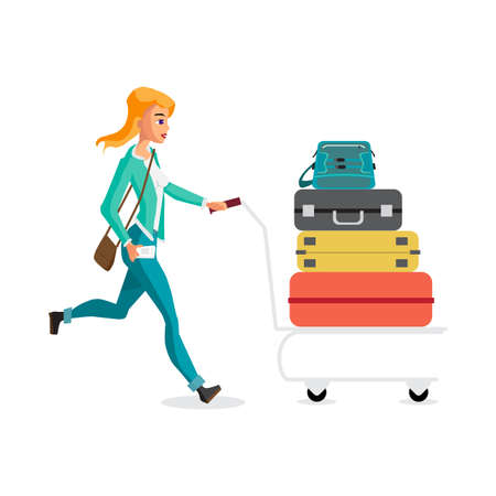 Young woman with a trolley with luggage in the airport terminal is late for the plane. Vector flat cartoon illustration isolatedのイラスト素材