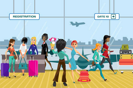 Passengers in queue waiting check-in counters at airport near reception area. Young women with things in the airport terminal awaiting the flight. Flat vector cartoon illustrationのイラスト素材
