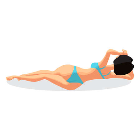 Young woman in bikini sunbathing lying on the beach. Back view. Vector flat cartoon illustration isolated on a white backgroundのイラスト素材