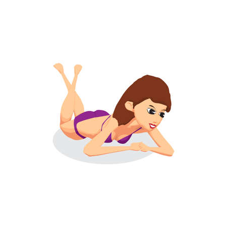 Young woman in bikini sunbathing lying on the beach. Vector flat cartoon illustration isolated on a white backgroundのイラスト素材
