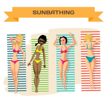 Set of young women in bikini sunbathing lying on the beach. View from above. Vector flat cartoon illustration isolatedのイラスト素材