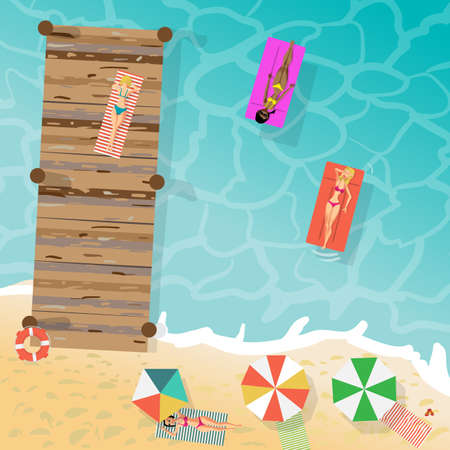 Young women in bikini sunbathe on sand and on a wooden pier, float on air mattresses on the beach. View from above. Vector flat cartoon illustrationのイラスト素材