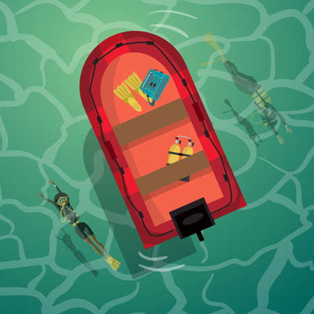 Young women scuba diver dives under the sea into the sea. View from above. Vector flat cartoon illustrationのイラスト素材