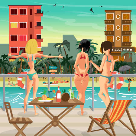 Young women in a bikini on the deck of a pleasure liner look at the tropical coast, with the beach and hotels. Vector flat cartoon illustrationのイラスト素材