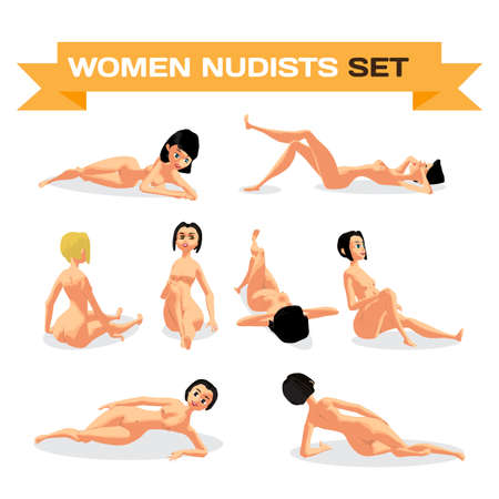 Set of young nude women sunbathing lying on the beach. Vector flat cartoon illustration isolatedのイラスト素材