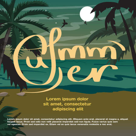 Summer vacation concept background with space for text. Summer beach landscape at night. Silhouettes of palm trees, chaise in moonlight. Vector flat cartoon illustrationのイラスト素材