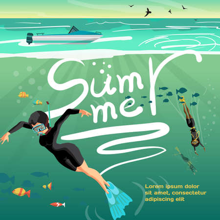 Summer vacation concept background with space for text. Young women scuba diver dives under the sea into the sea at sunset. Vector flat cartoon illustrationのイラスト素材