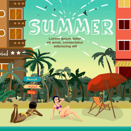 Summer vacation concept background with space for text. Tropical beach in the resort town with hotels. Women in a bikini sunbath on the beach. Flat vector cartoon illustrationのイラスト素材
