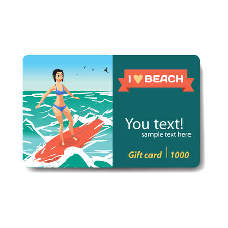 Young woman in bikini surfing on the wave. Sale discount gift card. Branding design to the resort and a sports goods storeのイラスト素材