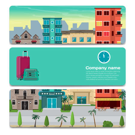 The first line of hotels in a tropical area near the beach. Sale discount gift card. Branding design to the resort hotelのイラスト素材