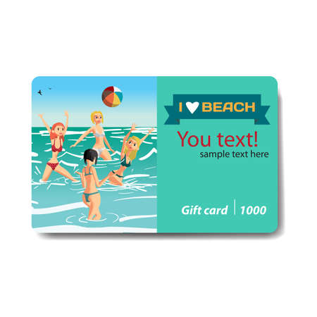 Women in a bikini play volleyball in the sea. Sale discount gift card. Branding design to the resort and a sports goods storeのイラスト素材