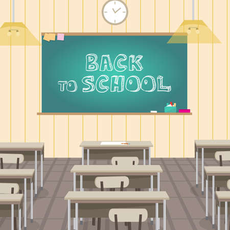 School interior is class with school board and desks. Vector flat cartoon illustrationのイラスト素材