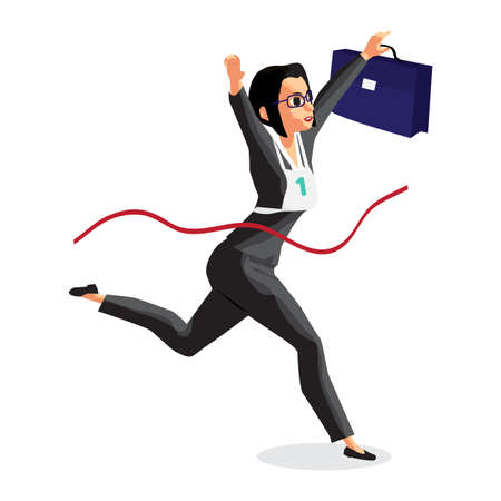 Business woman winner in business race competition success concept. Vector flat design illustration isolated on white backgroundのイラスト素材
