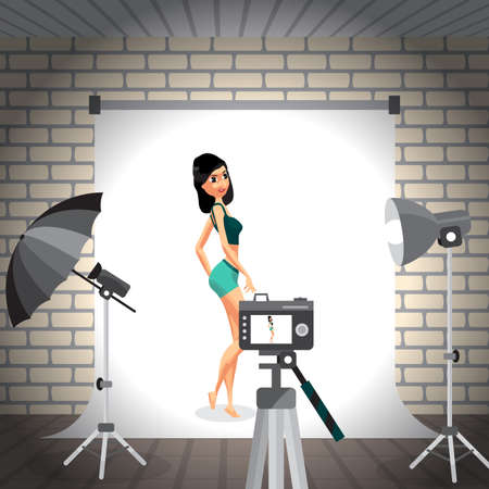 Young woman posing in photo studio on white background. Vector flat cartoon illustrationのイラスト素材