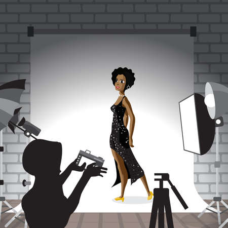 Young afro woman posing in photo studio on white background. Vector flat cartoon illustrationのイラスト素材