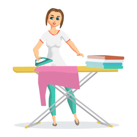 Woman housewife iron clothes on an ironing board in Flat cartoon illustrationのイラスト素材