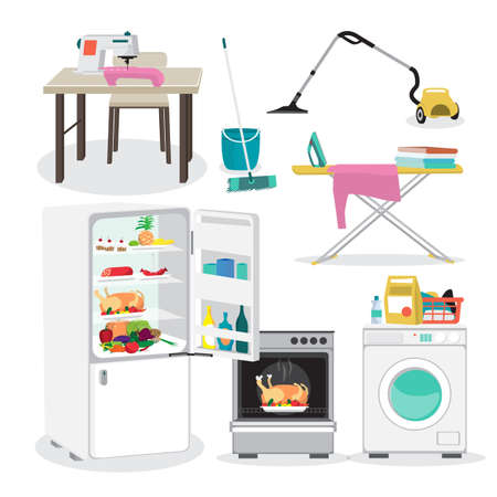 Set of furniture and household items, Fridge, stove, washing machine in Flat cartoon  illustrationのイラスト素材