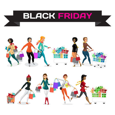Set of young women shopping on the day of Black Friday sales. Flat cartoon vector illustrationのイラスト素材