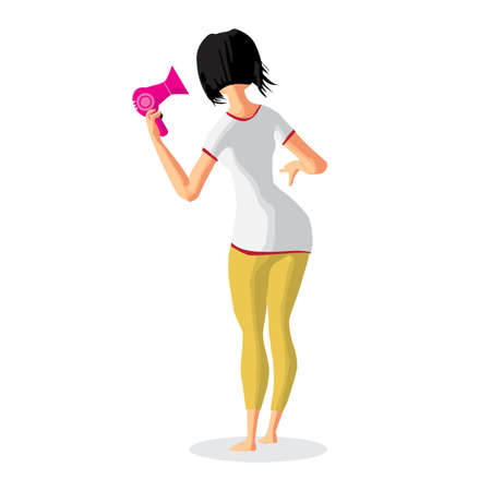 Woman drying her hair with hairdryer. Girl uses a blowdryer. Back view. Flat cartoon vector illustrationのイラスト素材