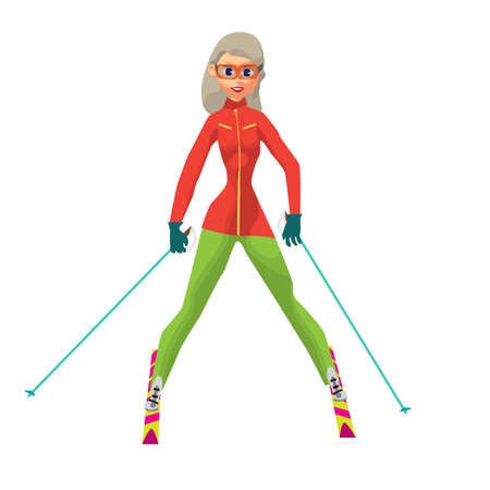 Pretty young woman on mountain skiing and stops widely spreading her legs. Flat cartoon vector illustrationのイラスト素材