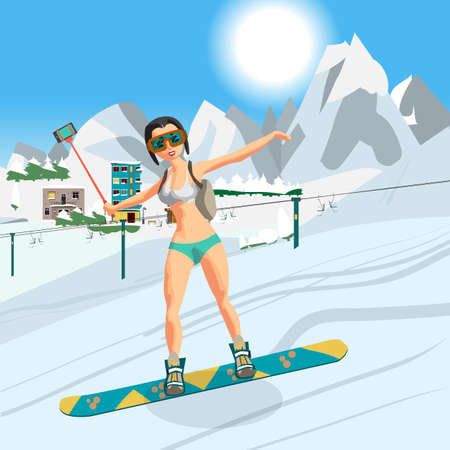 Young woman skiing on a snowboard in a swimsuit at the end of a winter resort season. Flat cartoon vector illustrationのイラスト素材