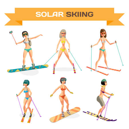 Set of women skiing in a bikini at the end of the winter resort season. Flat cartoon vector illustrationのイラスト素材