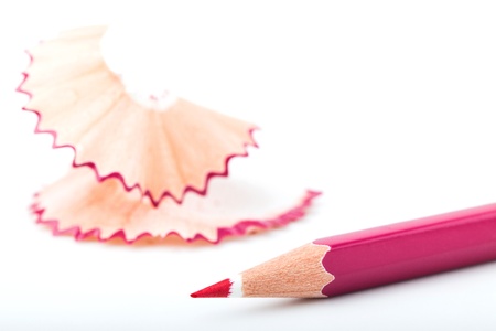 tip point of pink pencils and shavings from sharpening on white backgroundの写真素材