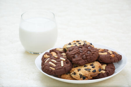 chocolate chip cookies and milkの写真素材