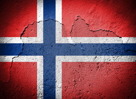 Norway flag on cracked wallflag painted on grungy cracked wallの写真素材