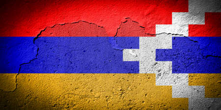 Nagorno-Karabakh flag painted on grungy cracked wallの写真素材