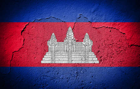 Cambodia flag painted on grungy cracked wallの写真素材