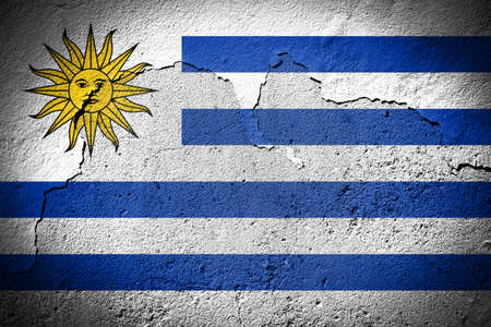 Uruguay flag painted on grungy cracked wallの写真素材