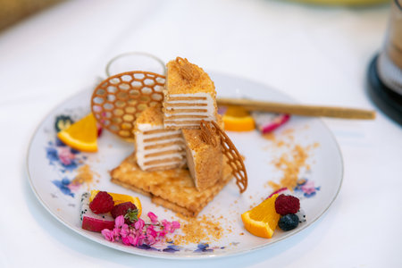 medovik Honey Almond biscuit cream russian cakeの写真素材