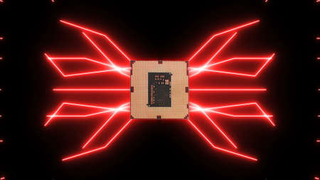 Seamlessly looping video of futuristic circuit board with moving red electrons with CPU.の写真素材