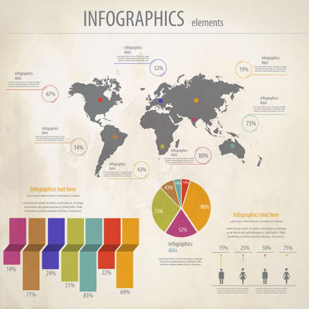 Retro infographics set. World Map and Information Graphics. Vectorのイラスト素材
