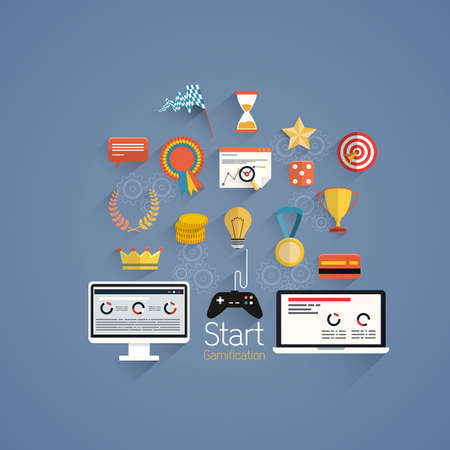 Gamification in business- Design elements and icons with rewards and achievement badges-  Flat style. Vectorのイラスト素材